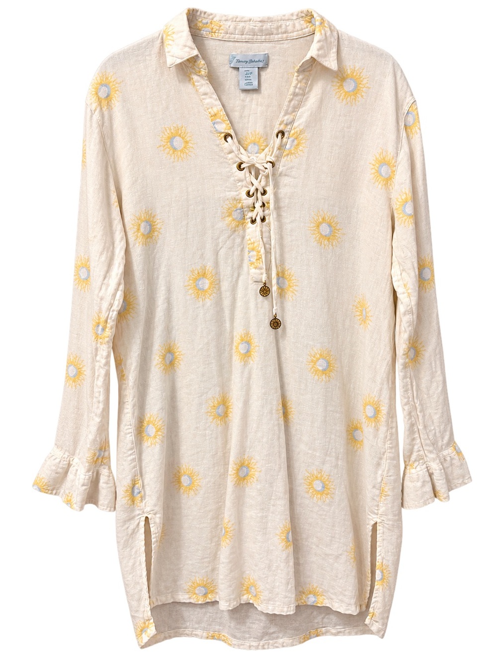 Cynthia Rowley Linen Sun Print Lace Up Tunic Dress Coastal Boho M
